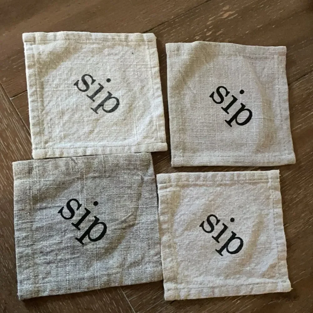 Gray and Cream Cotton Linen Sip and Eat Napkins Farmhouse Set of 8